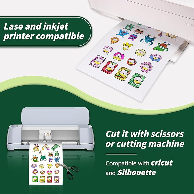 Glossy Printable Vinyl Sticker Paper for Inkjet & Laser Printer - 30 Sheets - 8.5" x 11" - Waterproof, Dries Quickly Vivid Colors