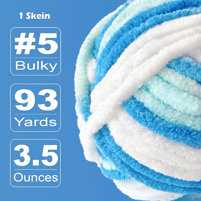 Soft Velvet Yarn Chenille Yarn for Crocheting and Knitting – Bulky (93 Yards/100g) - Polyester - Yarn for Blanket Amigurumi Weaving Crafts (Blue Sky Mix, 1 Pack)