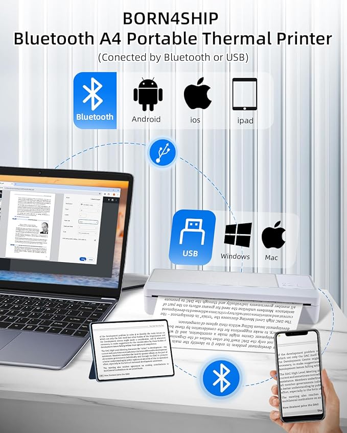 A4 Wireless Thermal Printer, Portable Bluetooth Printer, Support Multi-Size Thermal Paper, Compatible with Android and iOS Phone & PC, 300DPI Inkless Printer for Travel, Office, School