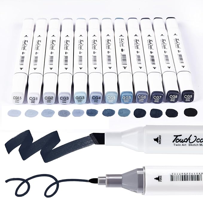 12Pcs Alcohol Markers Pure Color Series,Chisel & Fine Dual Tip Art Solid Color Markers Set for Adults Beginner Drawing Sketching Illustration (Cold Gray)