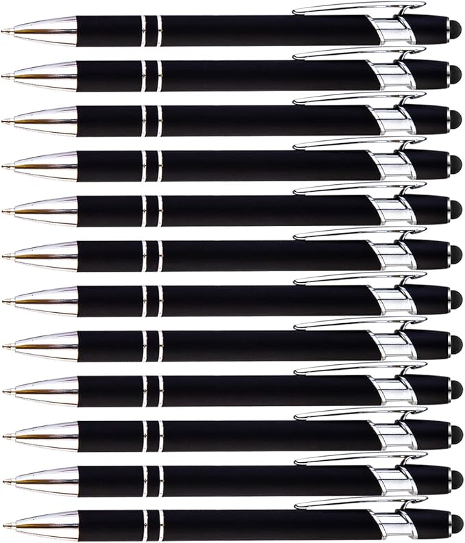PASISIBICK 12-Piece Black Ballpoint Pen with Stylus Tip, 2 in 1 Stylish Metal Touch Screen Pen - Black Ink, 1.0 mm Medium Point - 5.5 x 0.4 inch / 14 x 1 cm