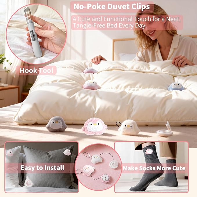 8 Pcs Duvet Clips with Pins Quilt Fixer,Non-Slip Duvet Cover Clips,Duvet Clips to Hold Comforter Inside,No Needles，Penguin Pattern(Inc Hook Tool,Storage Box)(Pink)