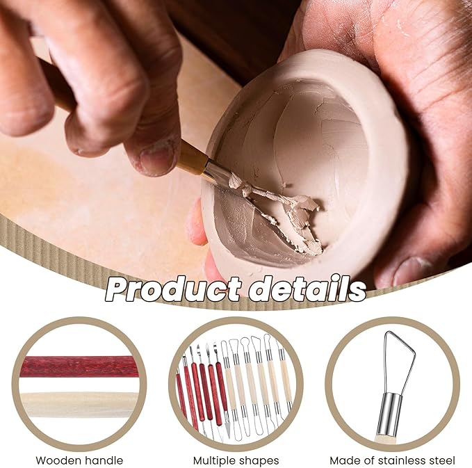 12Pcs Double-Ended Clay Sculpting Tools Stainless Steel Polymer Clay Tool Ceramic Pottery Ribbon Sculpting Tools Wooden Handle Pottery Tool for Embossing