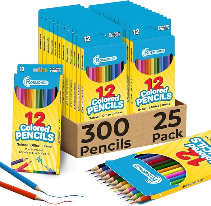 Rosmonde Colored Pencils Bulk 25 Pack | 300 Pencils, Assorted Pre Sharpened Colors Set, 12 Bright Colors, Easy Grip, Ready to Use Pencils for Teachers, Art Stations & Coloring Projects