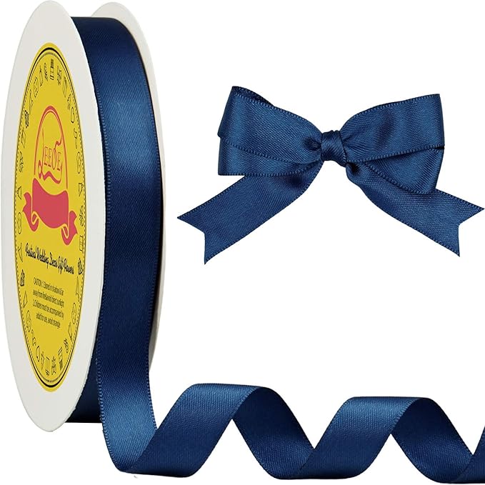Double Face Navy Blue Satin Ribbon 5/8 inch X 50 Yards Polyester Navy Blue Ribbon for Gift Wrapping Very Suitable for Weddings Party Invitation Decorations and More