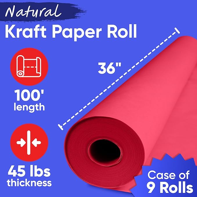 36" x 1200" (100 ft) Red Kraft Paper (Case of 9 Rolls), 45 lbs Thickness, Kraft Paper for School, Art Colored Paper, Gift Wrapping Paper, Packing Paper for Moving