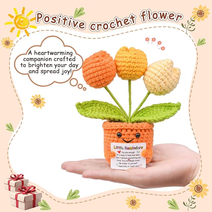 Positive Crochet Tulip Flower, Handmade Emotional Support Knitted Tulip Flowers - You are Enough - Birthday Xmas Positive Gift for Coworker Boss Her Him College Friend