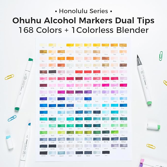 Ohuhu Alcohol Markers Brush Tip - 168-color Art Marker Set Double Tipped Alcohol-based Markers for Artist Adults Coloring Illustration- Brush & Chisel - Honolulu - Refillable Ink