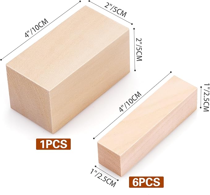7 Pcs Basswood Blocks for Carving & Whittling - 2 Sizes (4x1x1 & 4x2x2 Inches), Premium Wood Set, Ideal for Crafts, Model Building, and Artisans (Carving & Whittling Wood)