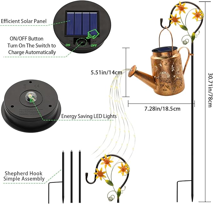 VOOKRY Solar Lights Outdoor Waterproof, Sunflower Metal Solar Watering Can Lights, Birthday Gifts for Women Mom Grandma Christmas, Hanging Garden Decor Yard Light for Outside Patio Lawn Porch