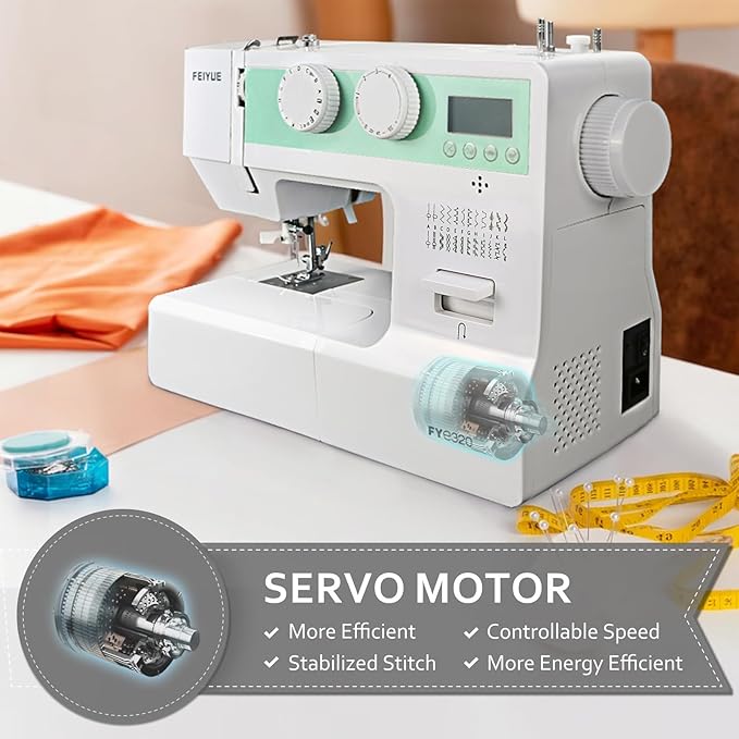 FEIYUE FYe320 Full Size Sewing Machine with Foot Pedal, Speed Control, Heavy Duty & Portable, LCD Display, 25 Built-in Stitches, 6 Bobbins & 5 Included Sewing Feet