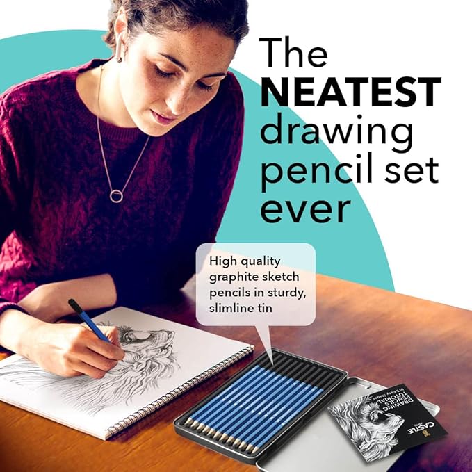 Castle Art Supplies 12 Piece Graphite Drawing Pencils Kit | for Adult Artists – Beginners and Advanced | Presented in Attractive, Compact, Sturdy Metal Case with Tutorial