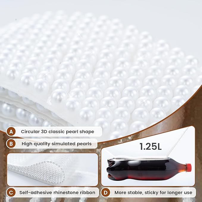 Novani Self Adhesive Pears Ribbon 1 Roll - 3 Yards White Pearls Crystal Diamond Bling Strips Glitter Resin Ribbon for Crafting,Home DIY Decoration（White Pearls,0.78 Inch,3Y）