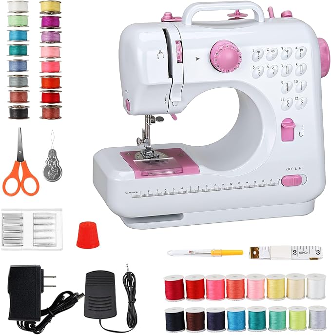 Mini Sewing Machine for Beginners, Portable Electric Sewing Machine with Dual Speed, 12 Built-in Stitches, Foot Pedal, and Accessories Kit for Home DIY Projects & Gift, Pink