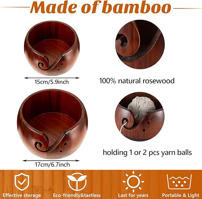 2 Sets Wooden Yarn Bowl Crochet Bowl Bamboo Handmade Knitting Wool Storage Round Rosewood Yarn Bowl with Holes 12 Pieces Crochet Hooks for Knitting Crocheting DIY Arts Crafts Tools Supplies