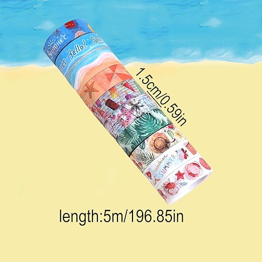 Summer Washi Tape Set 10 Rolls - Beach Ice Cream Masking Decorative Tape for Bullet Journal, Planner, DIY Arts Crafts, Scrapbooking Party Favors ﻿ (Summer)