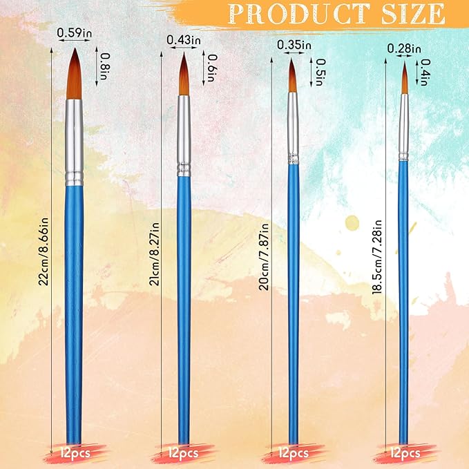 Sherr 48 Pcs Paint Brush Set Bulk Acrylic Brush Wood Paint for Detail Art Crafts Kids Artist Adult Watercolor Oil Face Body(0.35, 0.28, 0.2, 0.16 Inch,Round Style)