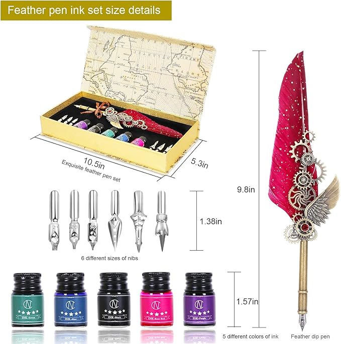 NC Feather Calligraphy Set, Quill Pen Ink Set Includes 5 Bottles of Ink and 6 Replaceable Stainless Steel Nibs, Calligraphy Pen for Writing, Writing Letters, Signing Invitations Etc (Red)