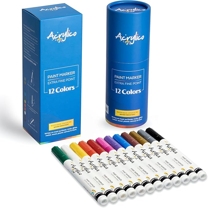 Acrylic Paint Markers Set – 12 Acrylic Paint Pens for Fabric, Metal, Rock Painting & Ceramic – Art Supplies for Adults & Kids