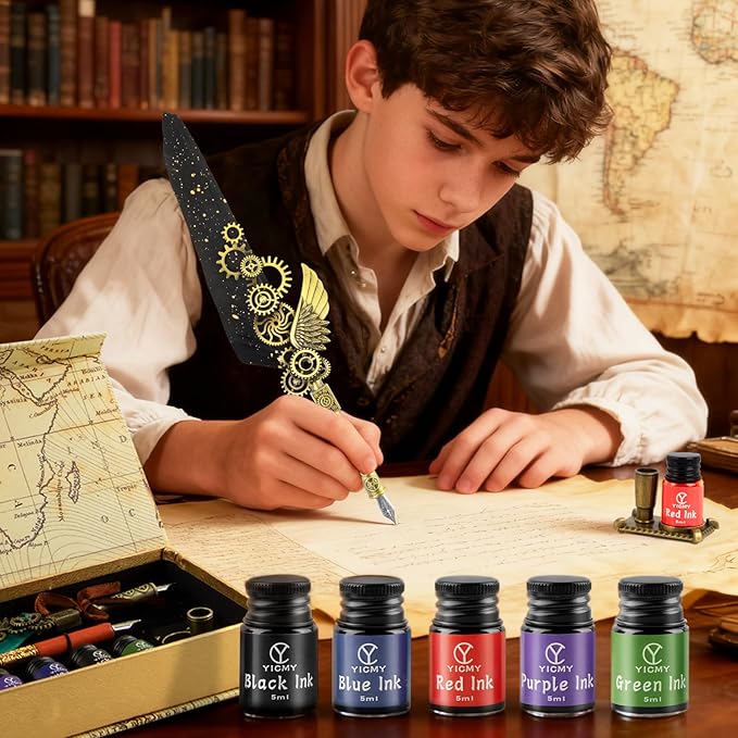 Quill Pen and Ink Set, Calligraphy set includes feather quill pen, Wooden Dip Pen, 5 Color Ink, 5 Replaceable Nibs, Pen Holder,Vintage Calligraphy Pens for Beginners and Calligraphy Lovers (Black)