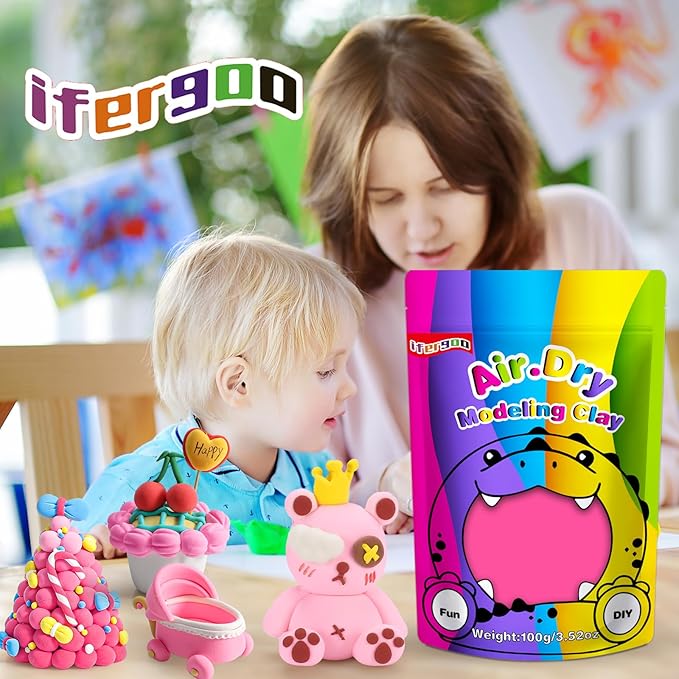 ifergoo Pink Air Dry Clay, DIY Creative Modeling Clay for Kids, Super Light Magic Clay for Kids Age 3-12, Safe & Non-Toxic, Molding Clay for Sculpting, Great Gift for Boys & Girls