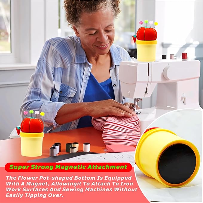 Tomatoes Pin Cushion Sewing Tool Set with Magnetic Storage, Including 50 Cute Flowers Needles, Threader, Thimble ＆Tape Measure, Pin Holder for Sewing DesksApplique & Patchwork Crafter