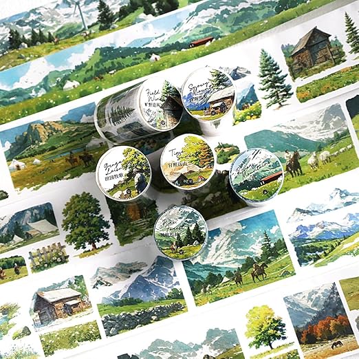 Alideco 6pcs Decorative Adhesive Tapes Fresh Literary Girl Botanical Flower Landscape PET Tape Great for Bullet Journal Supplies, Arts, Scrapbook, DIY Crafts, Planners (renshengshikuangye)