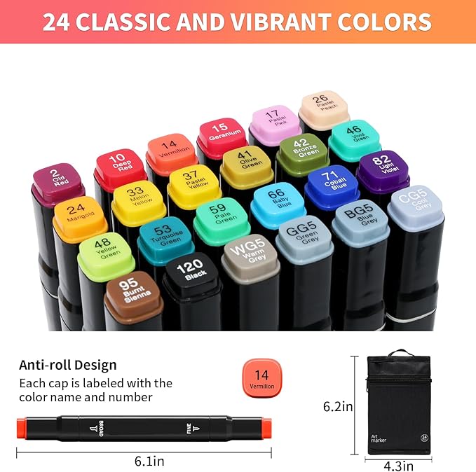 Alcohol Art Markers, 24 Colors Fine & Chisel Dual Tip Marker Set with Case, Permanent Art Markers for Adults Sketching Painting Drawing and Coloring
