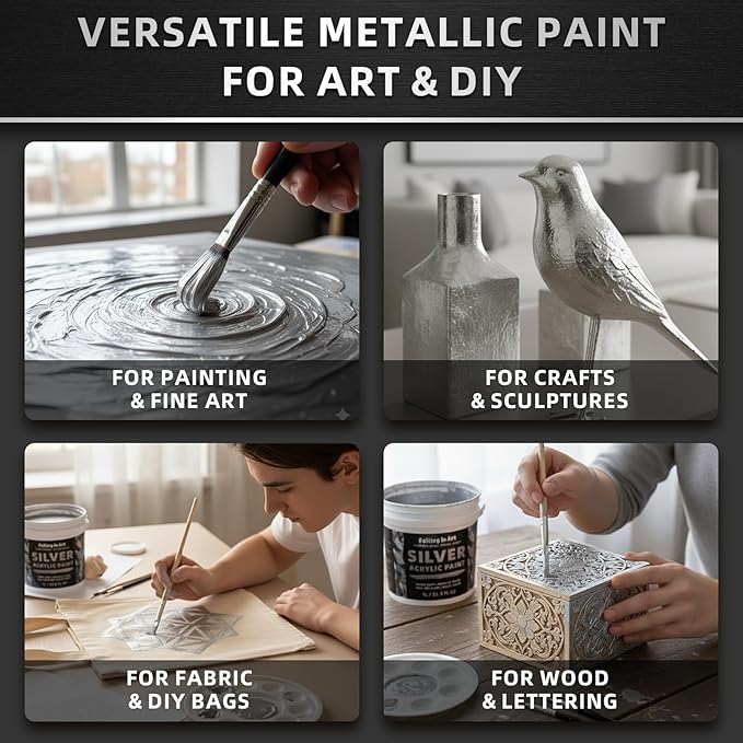 Falling in Art Silver Metallic Acrylic Paint, 33.8 Oz Heavy Body Silver Leaf Paint, Non-Toxic Art Paints for Metal, Furniture, Canvas, and DIY Crafts