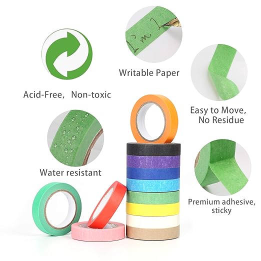 Colored Masking Tape - 12 Colors Painters Tape Decorative Paper for Labeling, Drafting, Scrapbooking (12mm x10m)