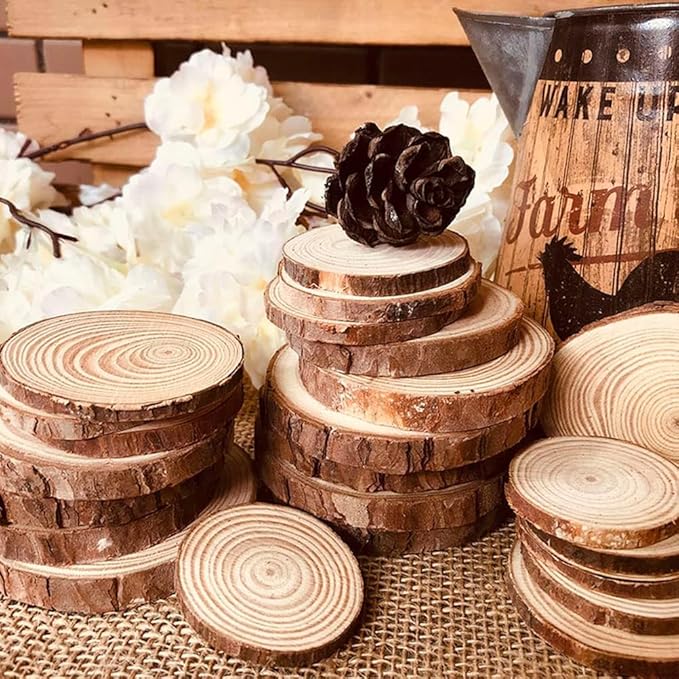 30pcs Wood Slices, BetterJonny 2.36-2.75 inch Undrilled Wooden Circles Predrilled with Hole Natural Wood Ornaments with 10 Meters Jute Rope for Arts DIY Craft