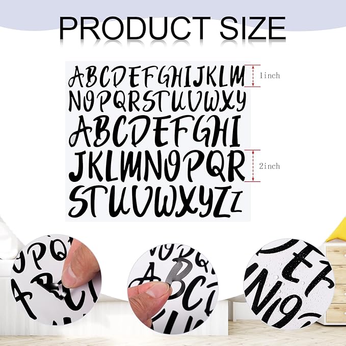 TaoBary 416 Pcs Letter Stickers 8 Sheets Alphabet Stickers 2 Size Vinyl Cursive Self-Adhesive Letter Personalized Decor for Mailbox Scrapbook Window Sign Door Classroom DIY Craft (1'', 1.5'',Black)