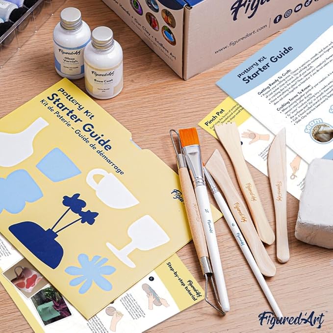 Figured'Art Pottery Kit for Adults with 4.4 lbs Premium Air Dry Clay, Ideal for Beginners, Includes Tools, Paints, Brushes, Sealers & Tutorials, No Kiln Needed