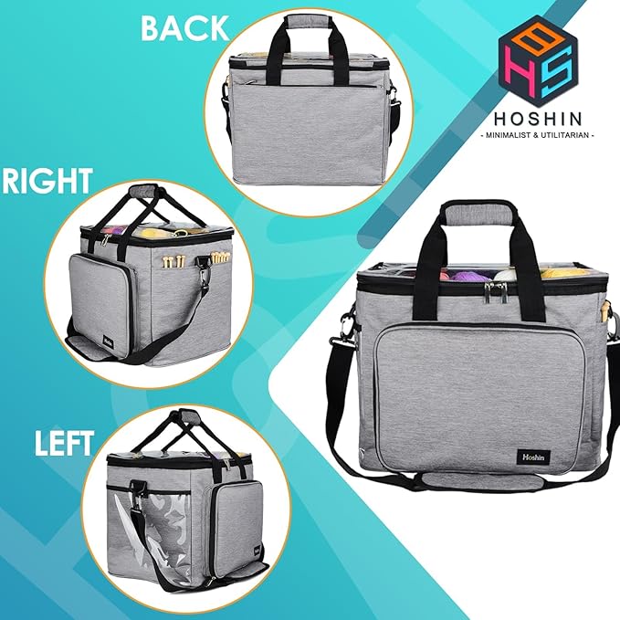 Hoshin Knitting Bag for Yarn Storage, High Capacity Yarn Totes Organizer with Inner Divider Portable for Carrying Project, Knitting Needles(up to 14”), Crochet Hooks, Skeins of Yarn (Grey)