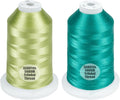 Simthread 2-Pack Trilobal Polyester Thread – 5000M (5500yds) No.40 Tangle-Free, Built-in Thread Lock Spool – Compatible with Brother, Singer, Janome & More,FreshGreen027+TealGreen534
