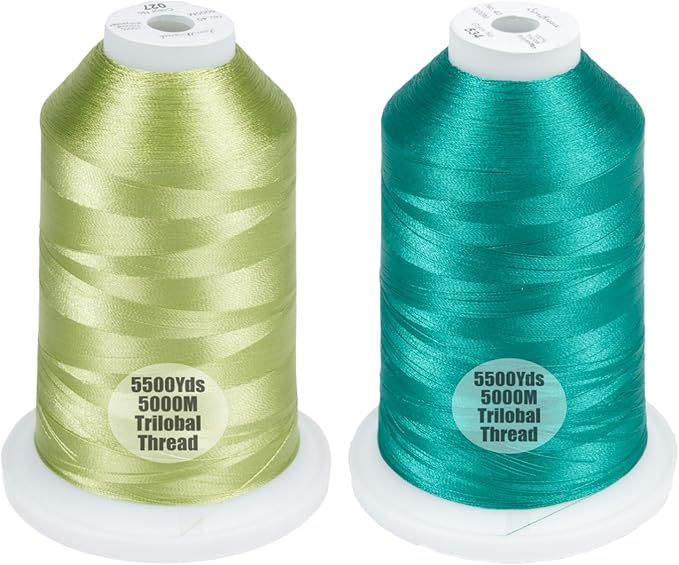 Simthread 2-Pack Trilobal Polyester Thread – 5000M (5500yds) No.40 Tangle-Free, Built-in Thread Lock Spool – Compatible with Brother, Singer, Janome & More,FreshGreen027+TealGreen534