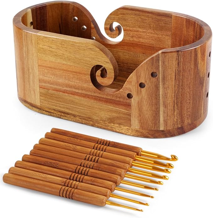 Oval Yarn Bowl, Crochet Yarn Holder with 9pcs Knitting Hooks, Yarn Storage Crochet Bowl Knitting for Crocheters, Large Yarn Bowl Acacia Wooden 11.3x5.9x4.7inch (Acacia Yarn Bowl)
