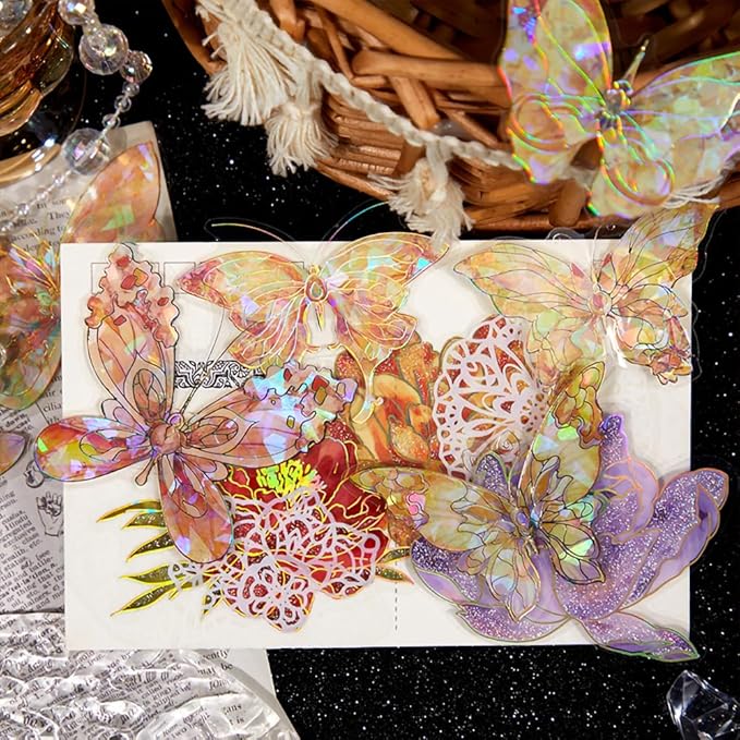 Yoksas 120Pcs Holographic Crystal Shiny Butterfly Stickers - Waterproof Glitter Butterfly Stickers for Scrapbooking,Junk Journals,Resin Art Supplies