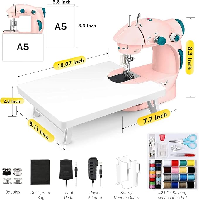 Magicfly Mini Sewing Machine with Extension Table, Dual Speed Portable Sewing Machine for Beginners with Light, Sewing Kit for Household Use, Pink