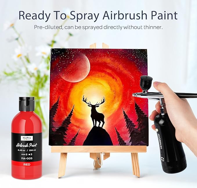 Nicpro Red Large Airbrush Paint (8.45 oz, 250 ml) Ready to Spray Opaque Water-Based Acrylic Air Brush Paints for Model, Wood, Canvas, Metal, Plastic, Leather, for Beginners & Artists