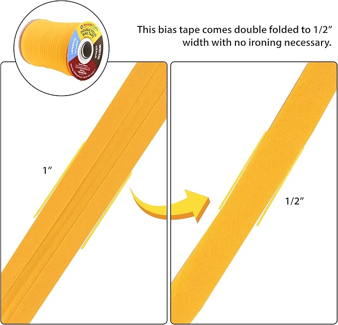 Mandala Crafts 55 Yards 1/2 Inch Mustard Yellow Double Fold Bias Tape for Sewing - Bias Binding Tape for Quilting Binding, Hemming, Seam, and Fabric Piping