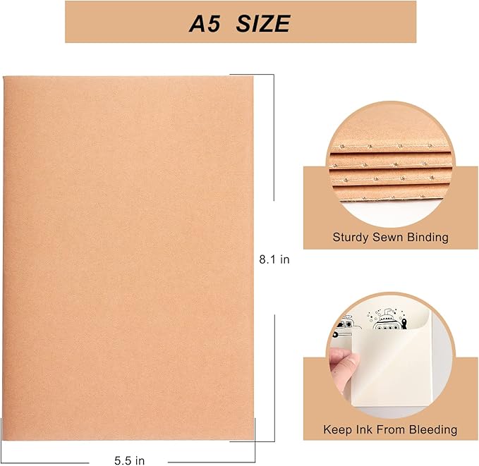 ZZTX 4 Pack Blank Kraft Notebooks, Blank Paper Sketchbooks for Drawing Doodling Writing,Travel Journal Set, A5, 36 Pages, 8.3” X 5.5”