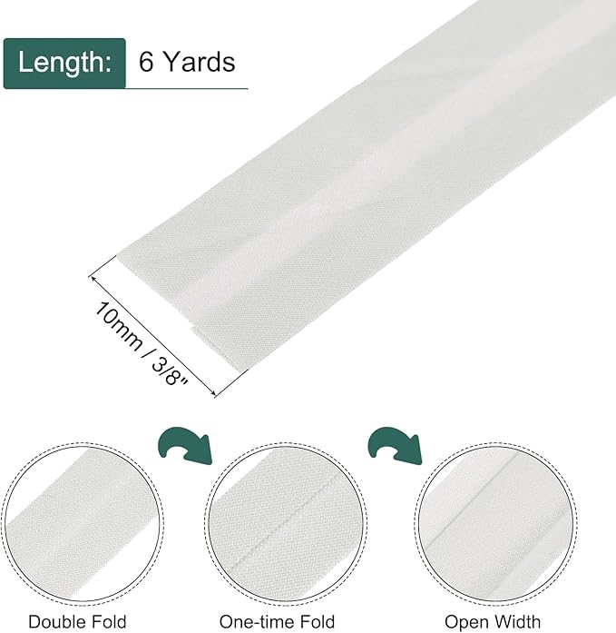 MECCANIXITY 2/5 Inch Double Fold Bias Tape Cotton Continuous Bulk Bias Tape for Sewing,Seaming Quilting Hemming Binding Crafts (Light White 6 Yards)