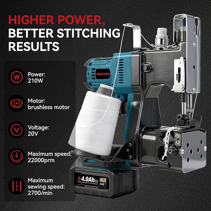 Cordless Bag Closing Machine with 2x4.0A Batteries, Brushless Motor, Battery Bag Sewing Machine Portable Bag Closer Stitcher Packing Machine for Feed Sacks, Rice Bags, Burlap Sack, Blue