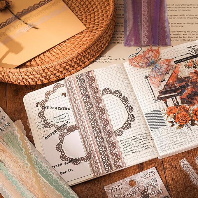 240 Pcs Transparent Lace Stickers for Scrapbooking Junk Journal Card Making Collage Diary Planner Notebook Letter Photo Album Craft Project Decoration, 30 Patterns
