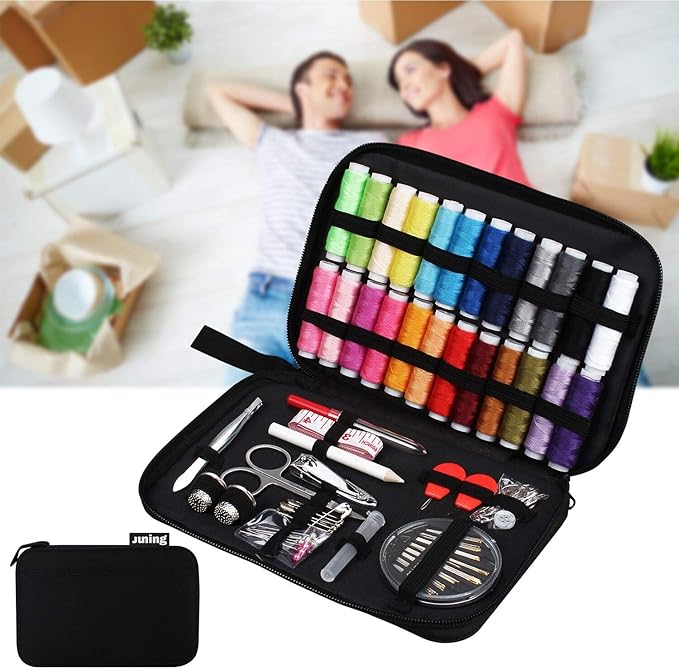 JUNING Sewing Kit with Case, 130 pcs Sewing Supplies for Home Travel and Emergency, Machine, Contains 24 Spools of Thread, Mending and Sewing Needles, Scissors, Thimble,Measuring Tape
