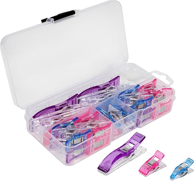 SINGER Sewing & Quilting Clips, 24ct - Large, Small & Mini Fabric Clips for Crafts - Assorted Color Quilt Clamps, Multi-Use Sewing Tool, Includes Storage Case