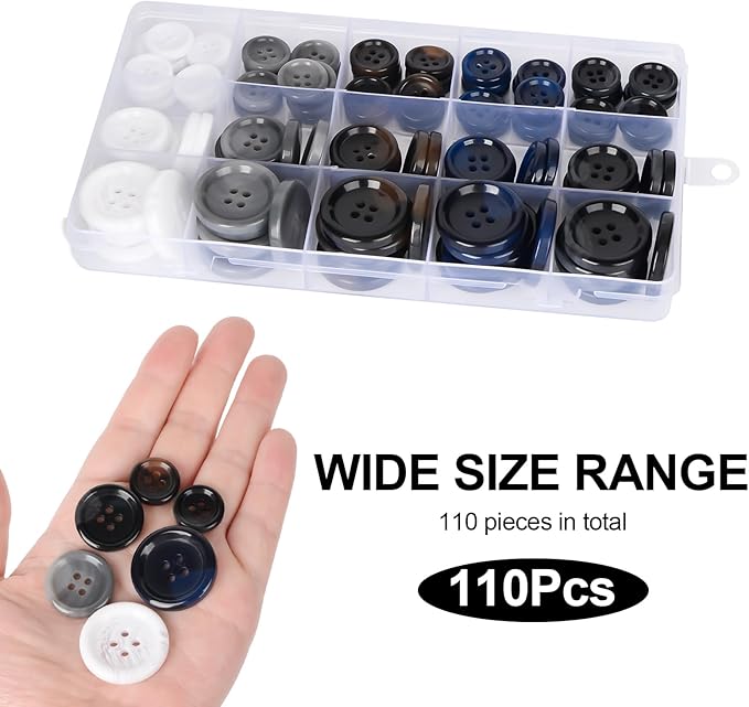 110Pcs Mixed Sewing Buttons, 4-Hole Craft Round, 5 Color 3 Size(15mm,20mm,25mm) Suit Coats Blazer Resin Button, Suitable for Variety Clothing Sewing, DIY Craft (White,Grey, Brown,Blue, Black)