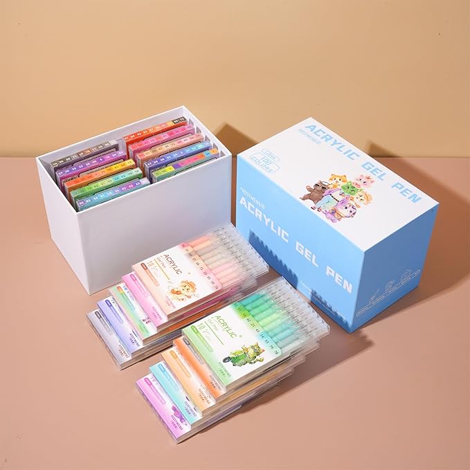 ROSYMENG 100 Colors Acrylic Gel Pens Set, Big-Capacity Ink Acrylic Paint Pen for Adults Coloring Books, Waterproof Paint Markers for Canvas, Rock, Wood, Drawing Doodling, Ceramic, Fabric, DIY Crafts