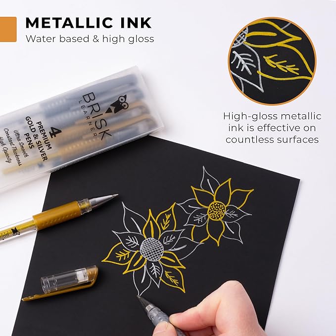 4 Gold Silver Gel Pens - 0.6 & 1.0mm Fine & Bold for Artists - Metallic Ink for Art, Drawing, Black Paper, Coloring, Journaling, Wedding, Scrapbook